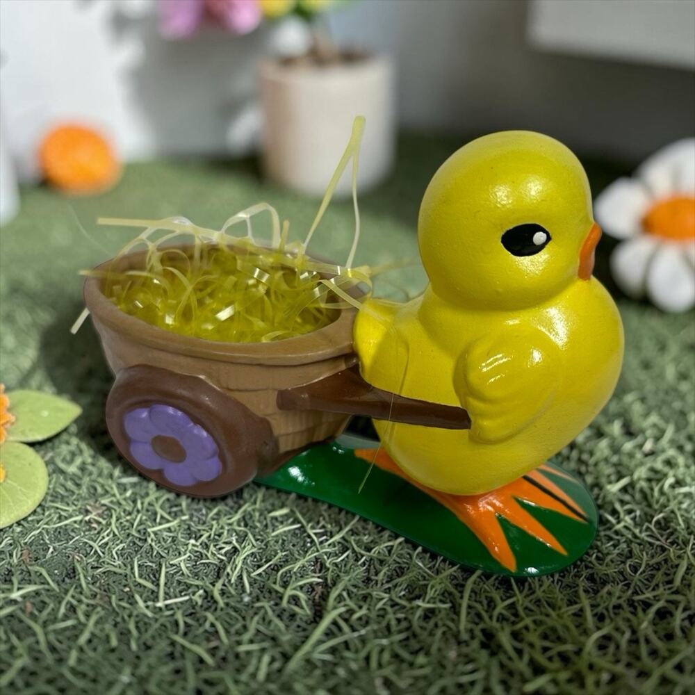 Vtg Ceramic Yellow Easter Chick with Cart Wagon Small Table Shelf Decor 5" Long